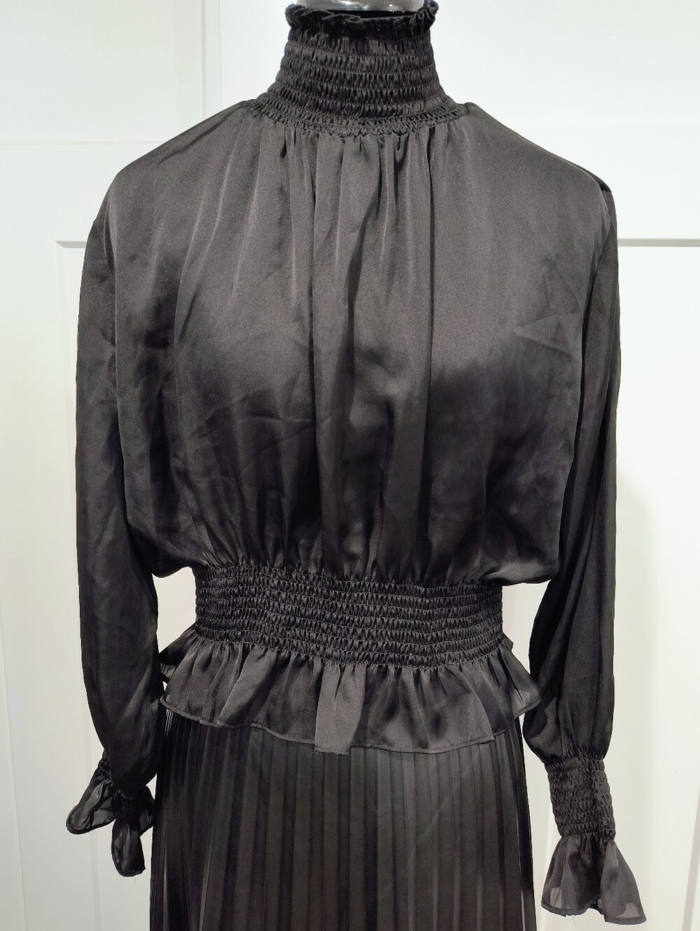 Shinestar Black High-Neck Long Sleeve Smocked Dress